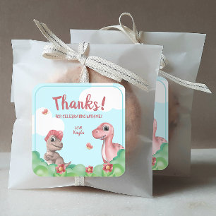Pegatina Cuadrada Gracias por el cumpleaños de dinosaurios de niña