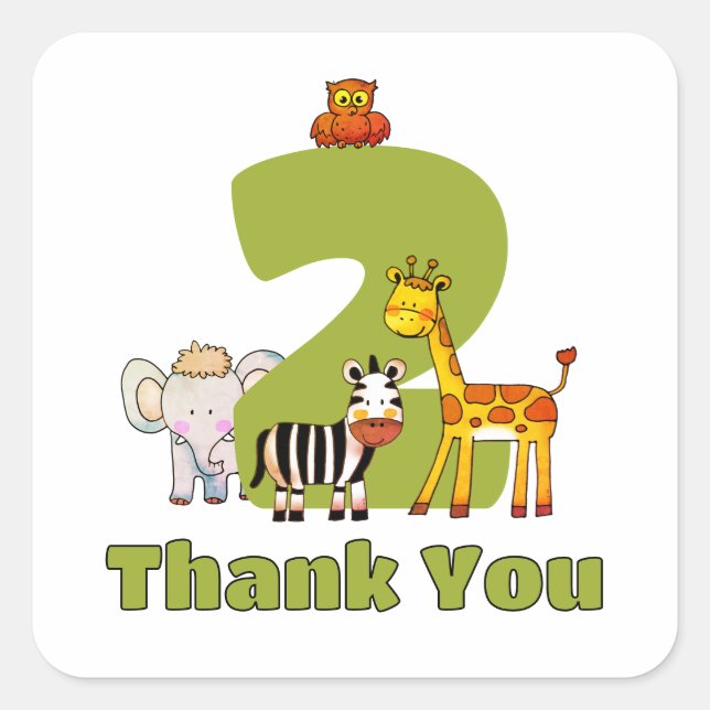 Pegatina Cuadrada Gracias por el segundo cumpleaños de dos animales  (Anverso)