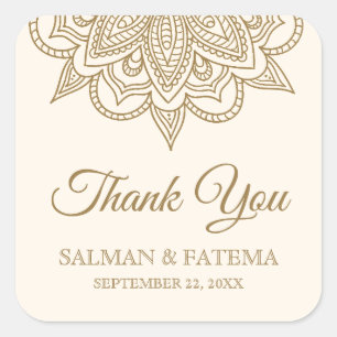 Pegatina Cuadrada Gracias por la boda de henna mehndi de crema y oro