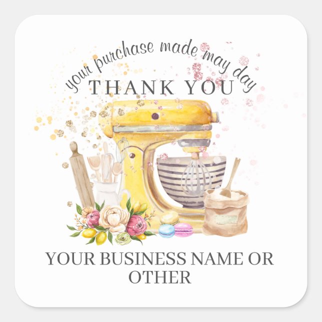 Pegatina Cuadrada Gracias por la compra, pequeñas panaderías. (Anverso)