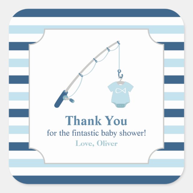 Pegatina Cuadrada Gracias Por Pescar Baby Shower Temático (Anverso)