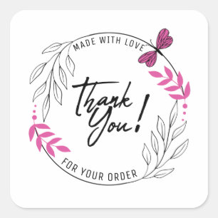 Pegatina Cuadrada Gracias por su pedido con mariposa rosa