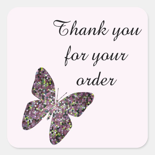 Pegatina Cuadrada Gracias por tu pedido con mariposa mosaica (Anverso)