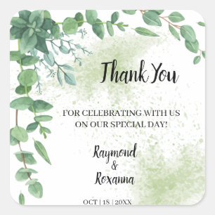Pegatina Cuadrada Gracias por venir a favor de la boda de Eucalyptus