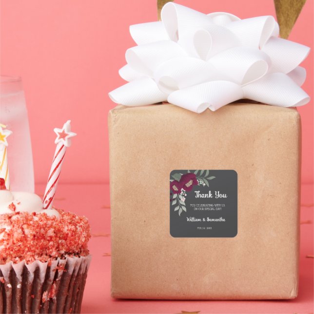 Pegatina Cuadrada Gracias por venir Boda Floral Marsala (Fiesta)