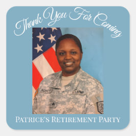 Pegatina Cuadrada Gracias por venir foto de retiro de Patrice