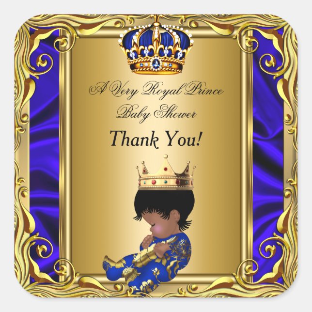 Pegatina Cuadrada Gracias Príncipe Royal Blue Baby Shower Regal Gold (Anverso)