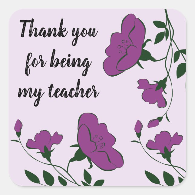Pegatina Cuadrada Gracias Profesor Apreciación De Flor Púrpura (Anverso)