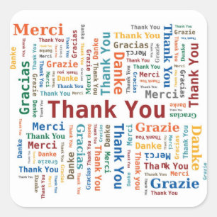 Pegatina Cuadrada Gracias redactar la nube en 5 idiomas