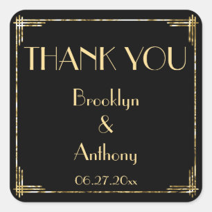 Pegatina Cuadrada Gracias Relieve metalizado dorado Art Deco Wedding