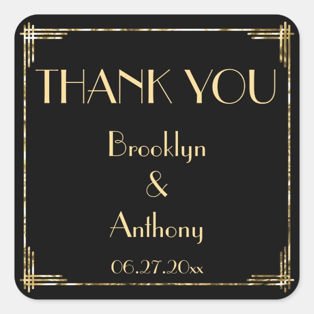 Pegatina Cuadrada Gracias Relieve metalizado dorado Art Deco Wedding (Anverso)