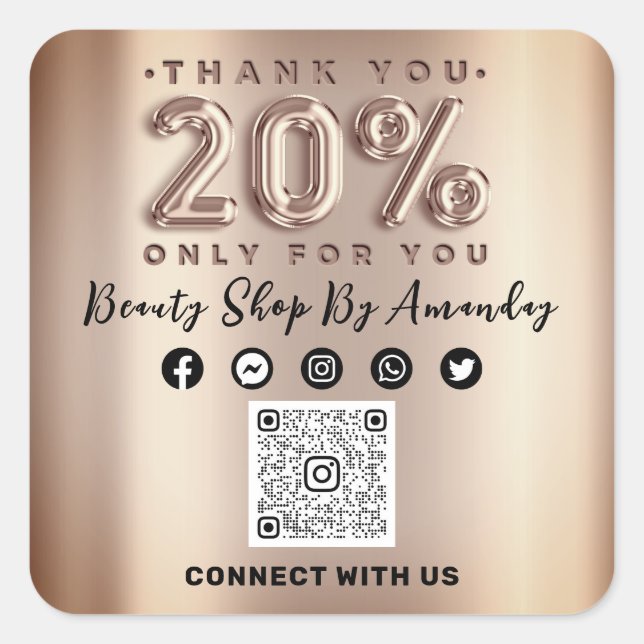 Pegatina Cuadrada Gracias Rosa de compras 20% de descuento QR CÓDIGO (Anverso)