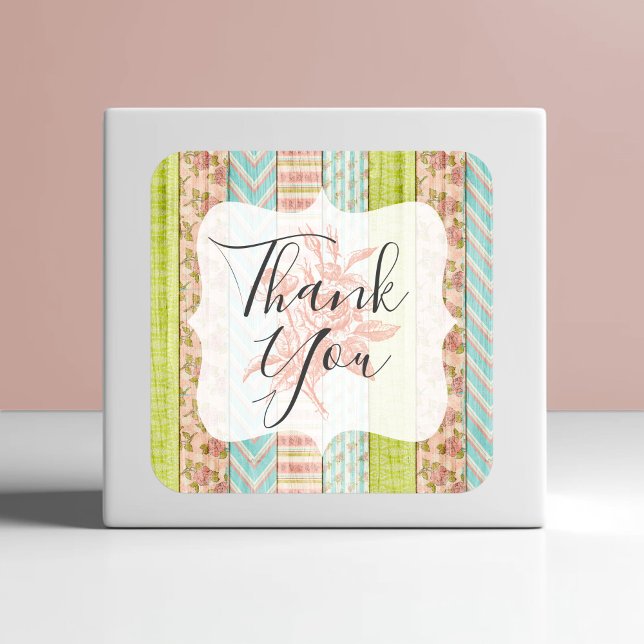 Pegatina Cuadrada Gracias, Shabby Moda Rosas Rustic Wood (Subido por el creador)