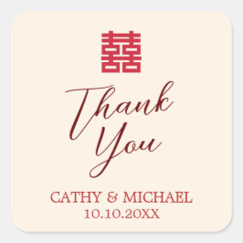 Pegatina Cuadrada Gracias simple boda chino moderno beige
