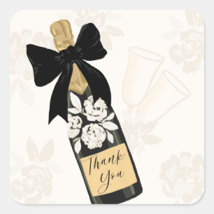 Pegatina Cuadrada Gracias Sparkling Wine Bottle Black Bow