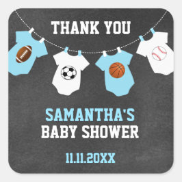 Pegatina Cuadrada Gracias Tema Deportivo Baby Shower Chalkboard Boy