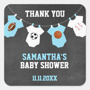 Pegatina Cuadrada Gracias Tema Deportivo Baby Shower Chalkboard Boy