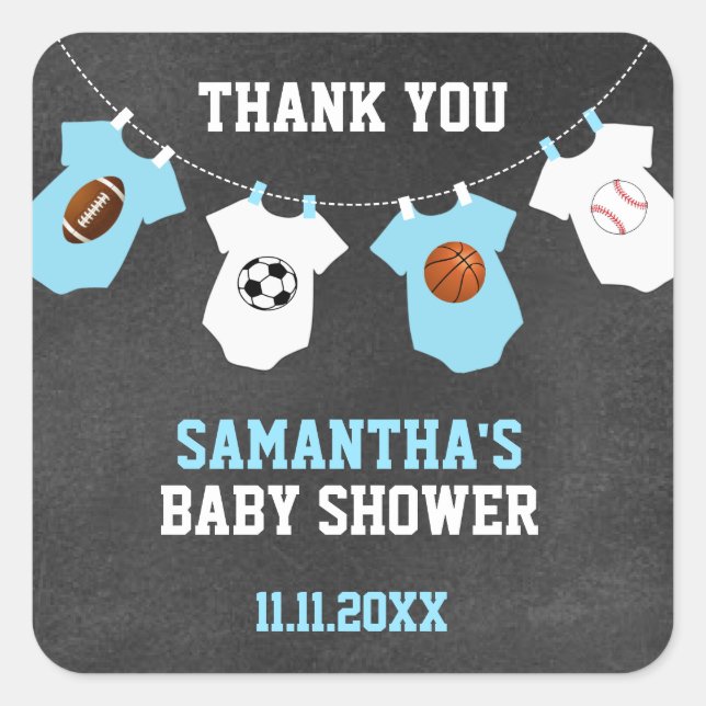 Pegatina Cuadrada Gracias Tema Deportivo Baby Shower Chalkboard Boy (Anverso)