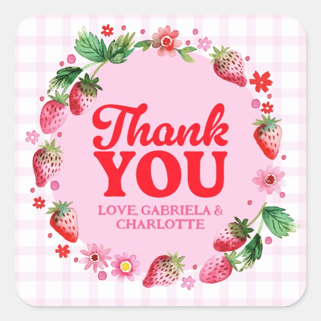 Pegatina Cuadrada Gracias Twins Joint Strawberry 1er cumpleaños (Anverso)