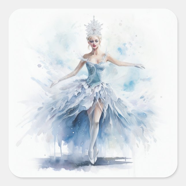 Pegatina Cuadrada Gracil Nuez Reina de la Nieve en Blanco (Anverso)