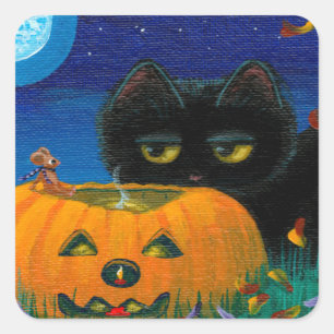 Pegatina Cuadrada Graciosa caída de Halloween Cat Mouse Creationarts