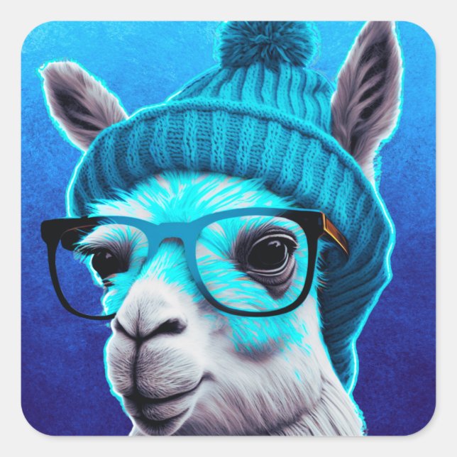Pegatina Cuadrada Graciosa Llama Alpaca Cute Animales Beanie Gorras (Anverso)