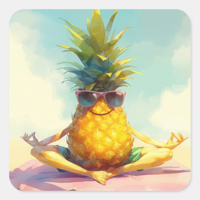Pegatina Cuadrada Graciosa piña de yoga (Anverso)