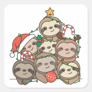 Pegatina Cuadrada Graciosa plaza de Navidades de animales en árbol d