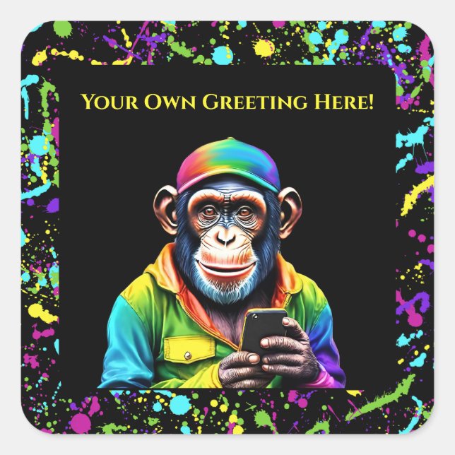 Pegatina Cuadrada Gracioso animal-chimpancé con teléfono- (Anverso)