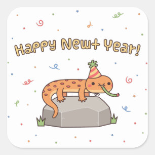Pegatina Cuadrada Gracioso Año Nuevo Feliz Año Nuevo, Doodle De Pu