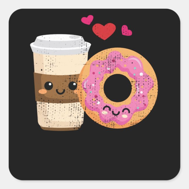 Pegatina Cuadrada Gracioso Café Y Pareja De Donut Kawaii Valentines (Anverso)