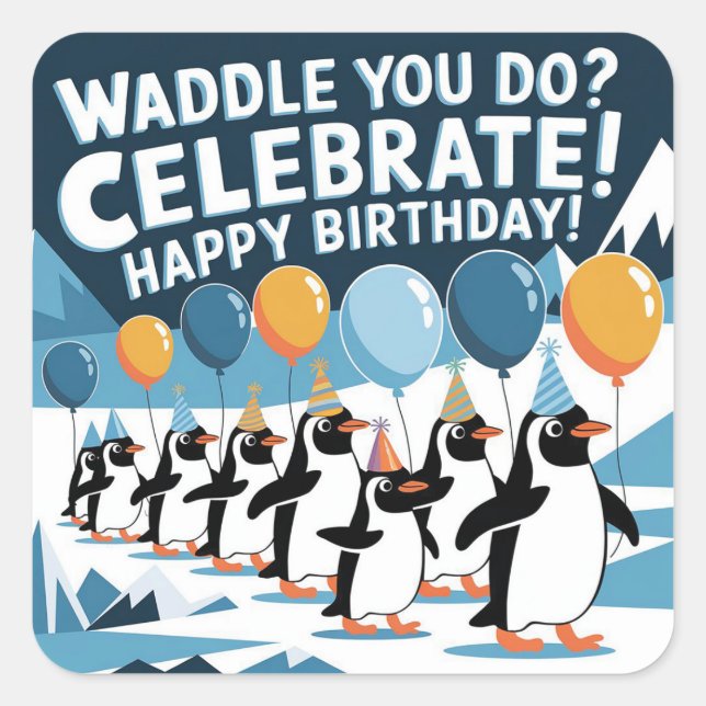 Pegatina Cuadrada Gracioso diseño de los pingüinos de cumpleaños - " (Anverso)