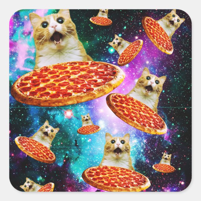 Pegatina Cuadrada Gracioso gatito de pizza espacial (Anverso)
