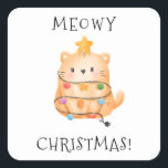 Pegatina Cuadrada Gracioso gato Meowy Christmas Tree ilumina la acua<br><div class="desc">Usa este pegatina gracioso en tus tarjetas de vacaciones y regalos. Con un gatito acuarela enredado en Navidades Luces con una estrella adorno en la cabeza y dos líneas de texto con un divertido y caprichoso tipo de letra. Puedes personalizar el texto con tu propio saludo, como Feliz Navidad, Meowy...</div>