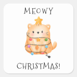 Pegatina Cuadrada Gracioso gato Meowy Christmas Tree ilumina la acua