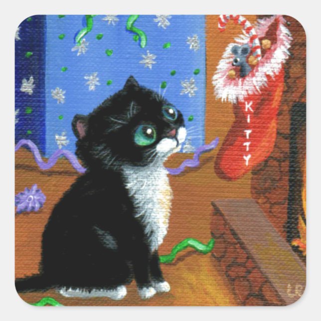 Pegatina Cuadrada Gracioso gato Navidades Tuxedo Kitten Mouse (Anverso)
