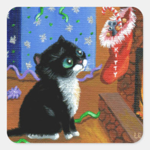 Pegatina Cuadrada Gracioso gato Navidades Tuxedo Kitten Mouse