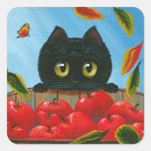 Pegatina Cuadrada Gracioso gato negro manzanas rojas Creationarts Sq