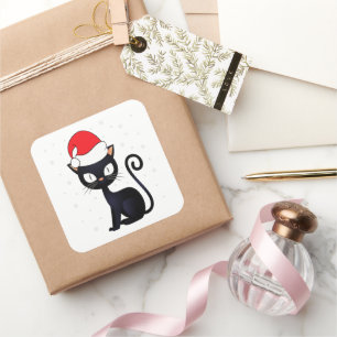 Pegatina Cuadrada Gracioso gato negro Navidad Gato copo de nieve