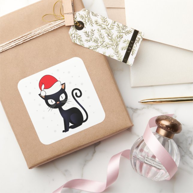 Pegatina Cuadrada Gracioso gato negro Navidad Gato copo de nieve (Regalar)