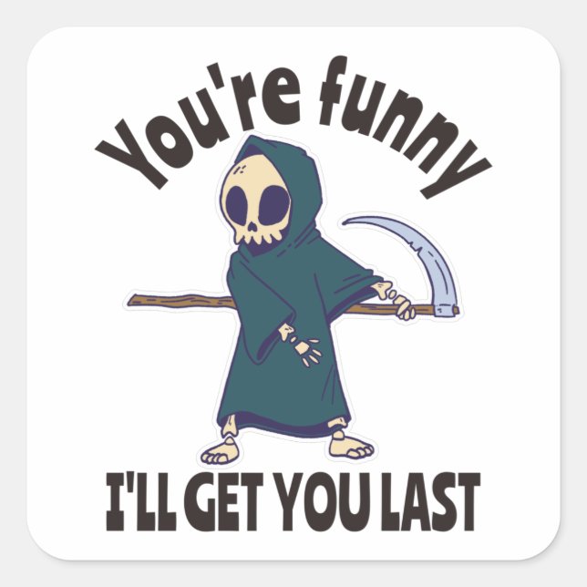 Pegatina Cuadrada Gracioso Grim Reaper Skeleton Halloween (Anverso)