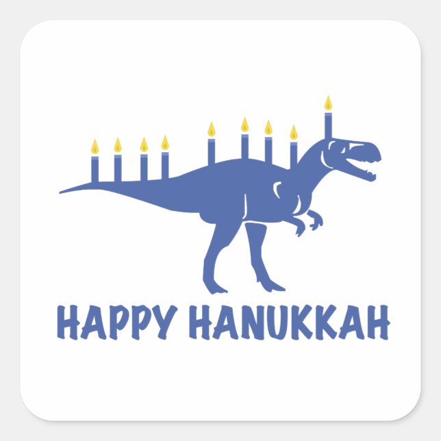 Pegatina Cuadrada Gracioso Happy Hanukkah Dinosaur Menorah Candle (Anverso)