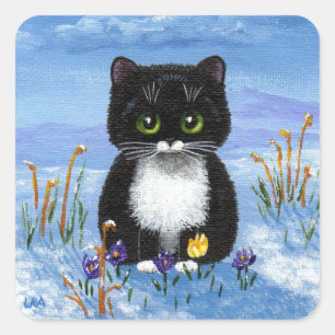 Pegatina Cuadrada Gracioso invierno Black Cat Creationarts