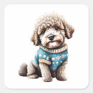 Pegatina Cuadrada Gracioso Lagotto Romagnolo en suéter Navidad
