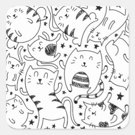 Pegatina Cuadrada Gracioso patrón de doodles para gatos bailando en 