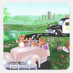 Pegatina Cuadrada Gracioso perro gato arte Corgi Cop policía coche c