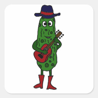 Pegatina Cuadrada Gracioso Pickle Tocando Guitarra Roja
