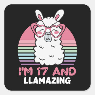 Pegatina Cuadrada Gracioso regalo de cumpleaños 17 de Llama Adorable