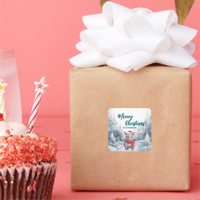 Pegatina Cuadrada Gracioso rinoceronte fiesta de vacaciones en la ni (Fiesta)