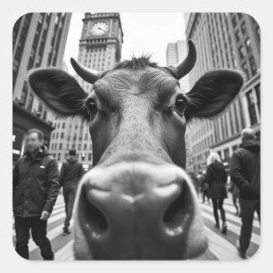 Pegatina Cuadrada Gracioso Selfie de vaca en una concurrida calle ur